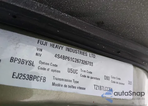 2006 Subaru Outback 2.5I from USA, damaged, VIN 4S4BP61C267326703